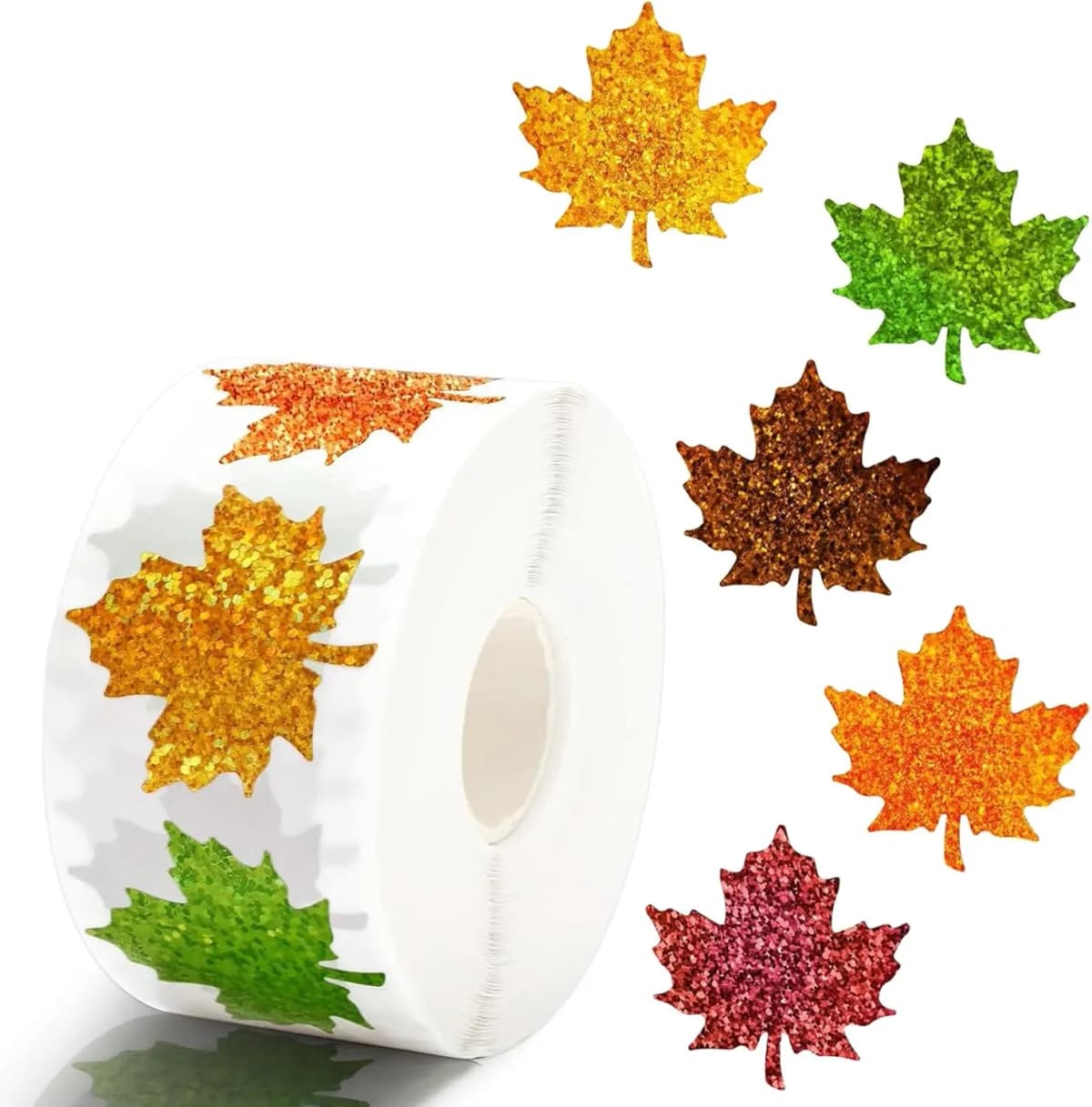 500Pcs Fall Thanksgiving Leaf Stickers 5 Colors Maple Leaf Decals Holographic Self Adhesive Label Stickers Roll for Autumn