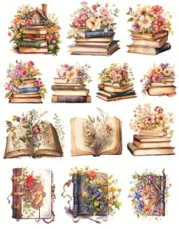Watercolor Nostalgic Retro Plant and Flower Books Stickers DIY Scrapbooking Diary Project Decoration Vintage Journal