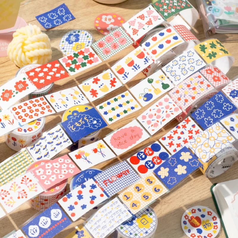 Kawaii Floral Print Label Sticker Tape Creative Collage Handmade Journal DIY Diary Album Scrapbook Aesthetic Stickers