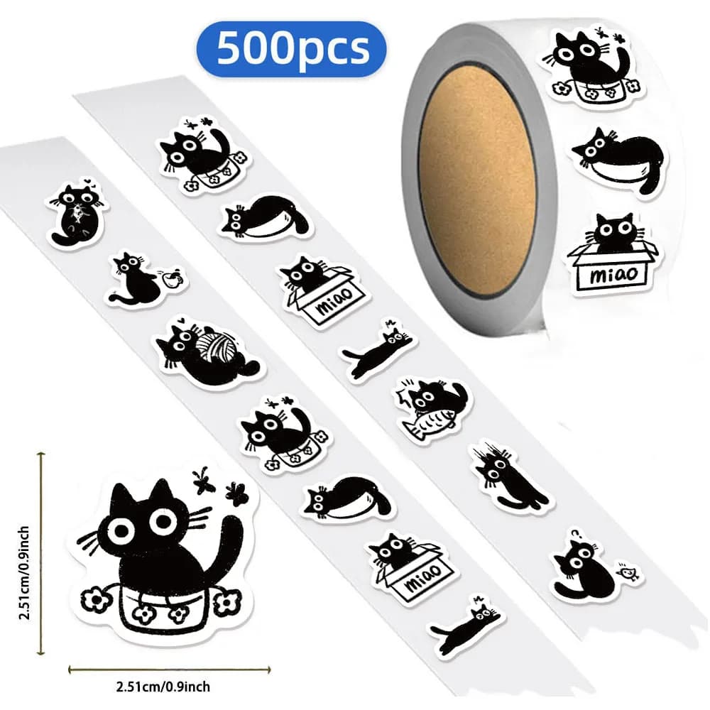 500PCS Small Black Cat Roll Sticker Graffiti Stickers DIY Phone Case Laptop Water Bottle Waterproof Stickers