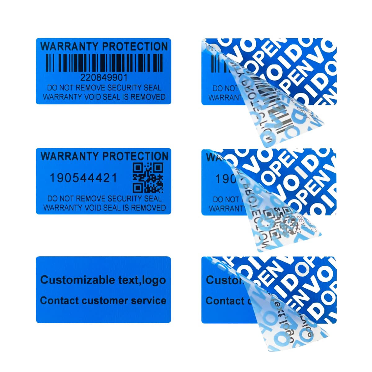 Blue 100pcs Warranty protection sticker (40X20mm) Secure seal tamper-proof serial number QR code sticker Void open seal label