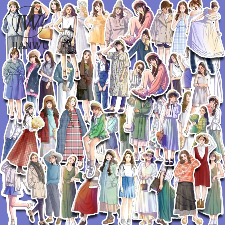JIANWU 50 Sheets Simple Decor Material Girl Character Outfit Sticker Creative DIY Journal Scrapbooking Collage Stationery