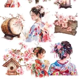 StickersBeautiful Japanese Geisha, Kimono, Cherry Blossom Girl Decorative DIY Craft Photo Albums Planner Journal Scrapbooking
