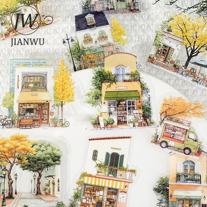 JIANWU Small Town Time Series Vintage House Tree Landscape Material Collage PET Sticker Creative DIY Journal Stationery