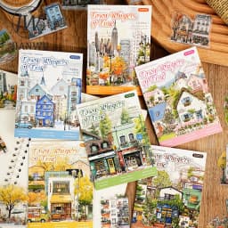 JIANWU Small Town Time Series Vintage House Tree Landscape Material Collage PET Sticker Creative DIY Journal Stationery