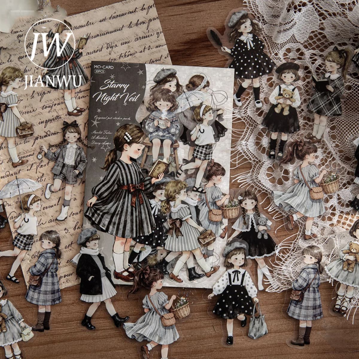 JIANWU Star Sleeping Fairy Tale Girl Note Series Cute Character Landscape Material Collage Sticker Creative Journal Stationery