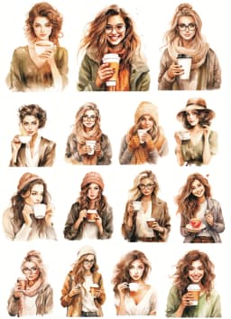 Watercolor Female White-collar Workers Drinking Coffee Stickers Girl Phone Case Photo Album DIY Decoration Scrapbooking