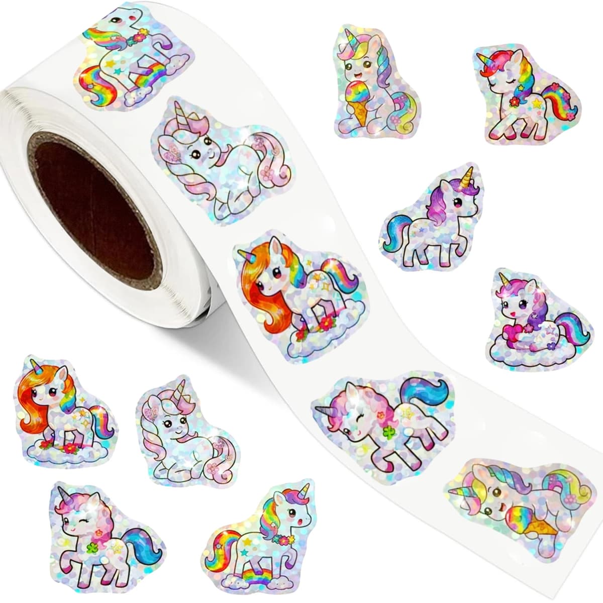 50-500Pcs Laser Unicorn Label Stickers DIY Decoration Stickers 1 Inch Self-Adhesive for Party Gift Bags (8 Styles)