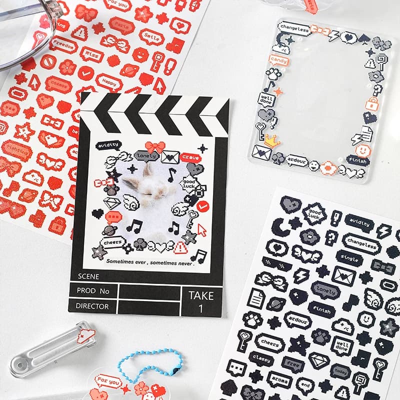 MOHAMM 1 Sheet Funny Pixel Heart Stickers for DIY Photo Cards Carft Scrapbook Diary Planners Poster Decoration