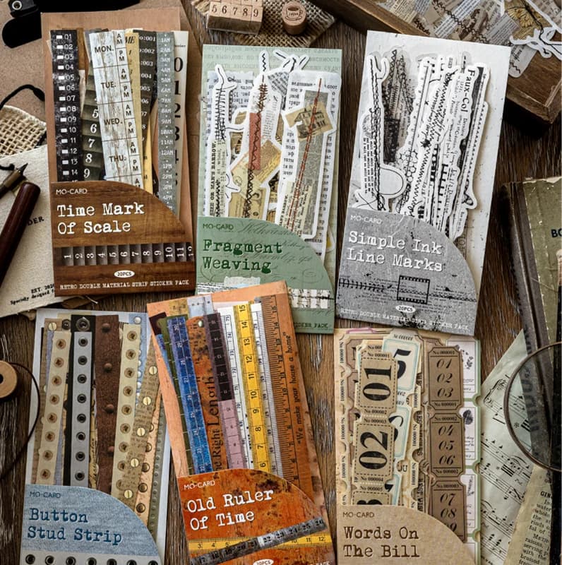 Mr.Paper 20Pcs Double Pack Long Strip Stickers Time Stitch Series Retro Journal Scrapbook Collage Decorative Craft Supplies