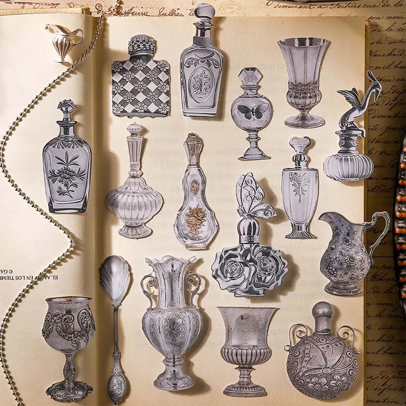 Journal GO 30pcs Silver Old Dreams Stickers Vintage Bottles Scrapbook Materials Collage Junk Journal Planner diy Retro Decals