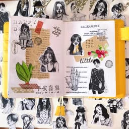50pcs Ins Wind Japanese Girl Heart Stickers Black And White Salt Girl A Character Sketch Waterproof Hand Account Stationery