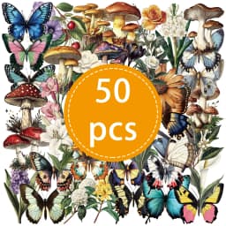 50PCS Retro Forest Mushroom Butterfly Graffiti Sticker Stationery Helmet Guitar Diary Water Bottle Transparent Waterproof Decals