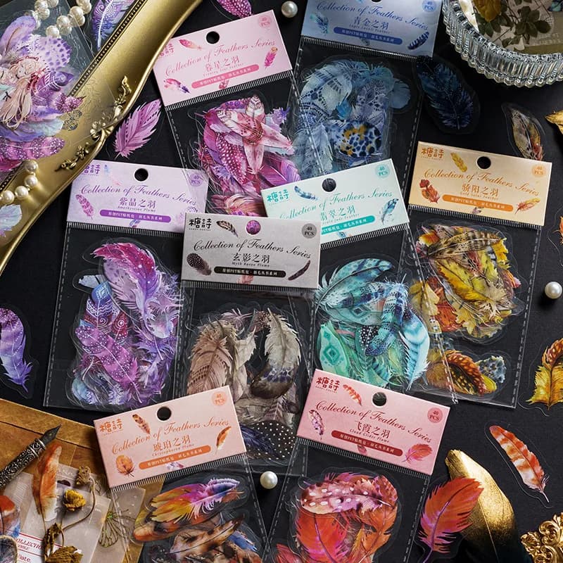 40Pcs Diary Sticker Scrapbooking  Feather Books Planner Japanese Junk Journal Kawaii Decorative Stationery Craft Sticker