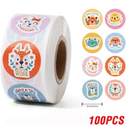 100-500 Pcs 1inch/2.5cm Animal Good Job Cool Stickers Roll for Envelope Praise Reward Student Work Label Stationery Seal Lable