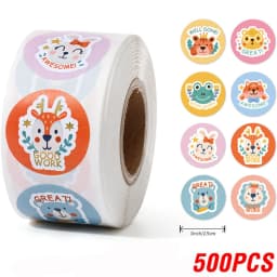 100-500 Pcs 1inch/2.5cm Animal Good Job Cool Stickers Roll for Envelope Praise Reward Student Work Label Stationery Seal Lable