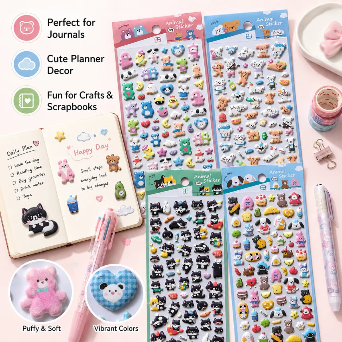 4 pcs Lovely Animals Friend Puppy 3D Puffy Stickers Diy Scrapbooking Journal Sticker Diary Stationery Sticker School Gifts