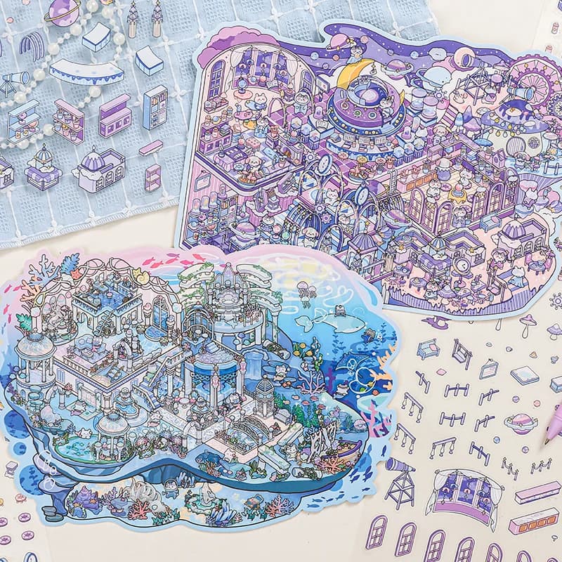 Cartoon Miniature Scene 4 pcs 3D Landscaping Stickers DIY Cabin Scene Stacking and Pasting Hand Account Cute Gift for Kid Child