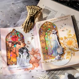 JIAMEI 10pcs/pack Flowers Window Stickers Gold Foil Decor Junk Journal DIY Srapbooking Collage Stationery PET Twinkle Stickers