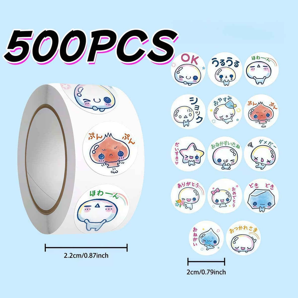500Pcs/Roll Kawaii Bubble Stickers, Japanese Cartoon Text & Expression Decals for DIY, Journal & Gift Decoration