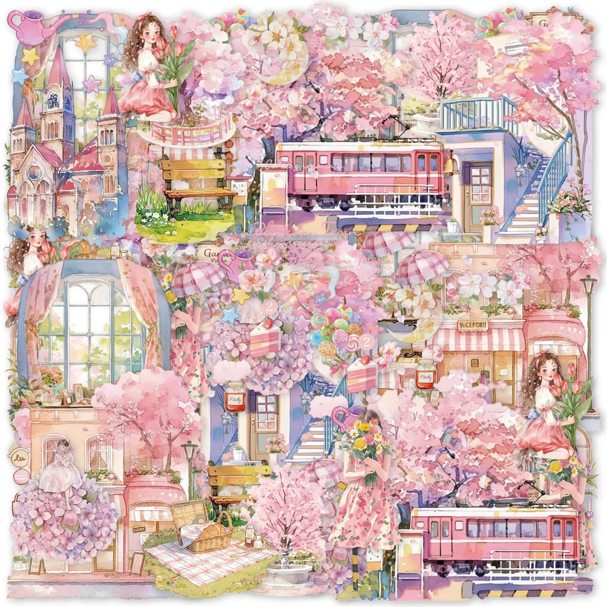 1pcs First Love Cherry Blossom Character PET Tape Sticker Aesthetic for Laptop Luggage Stickers Scrapbooking Rooms Decoration