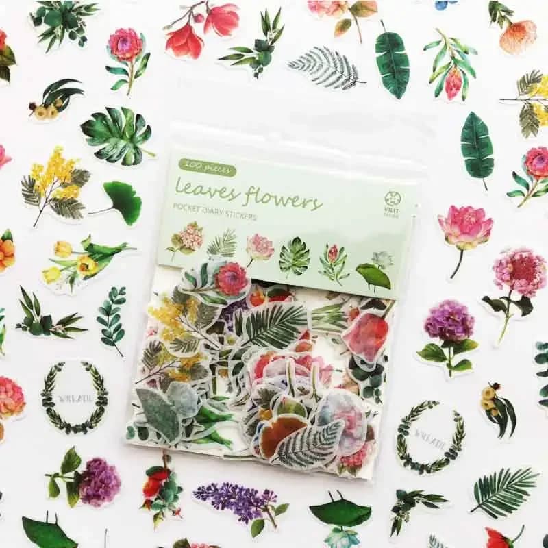 100pcs/pack Cute Kawaii Cat Green Plant Stickers Journal Decorative Stickers Scrapbooking Diary Stationery Album Girls Stickers