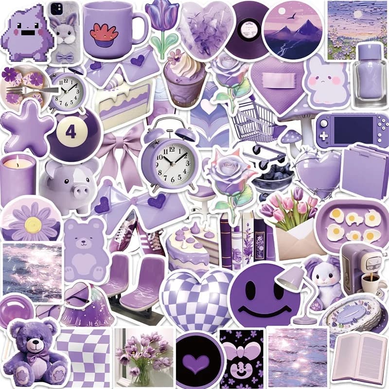10/30/56PCS Cartoon Purple PVC Sticker Aesthetic Korean Decoration Scrapbooking Stationery School Supplies
