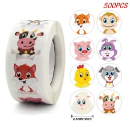 100-500Pcs Round Animal Stickers,16 Designs Animal Cartoon Teacher Reward Stickers for Kids, Party Decor Sticker for School Home