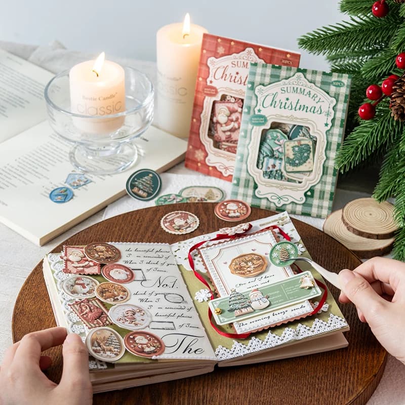 Journal GO 30pcs Retro Christmas Label Stickers Embossed Mixed Shape Holiday Decals for Junk Journals Scrapbooking Planners Card