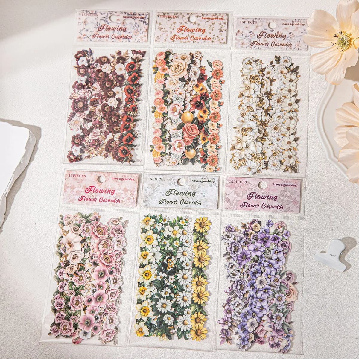 15pcs/1lot Kawaii Scrapbook Stickers Flowing Flower Corridor Junk Journal Gold Planner Stationery Sticker Planner Decorative