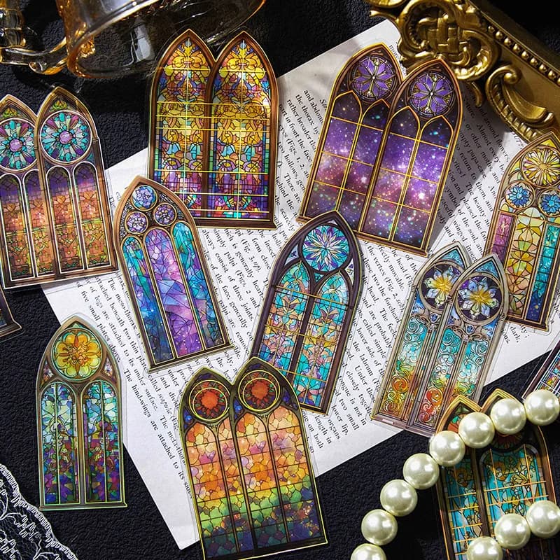 30pcs/1lot Kawaii Scrapbook Stickers The Tale of Color Windows Junk Journal Gold Planner Stationery Sticker Planner Decorative