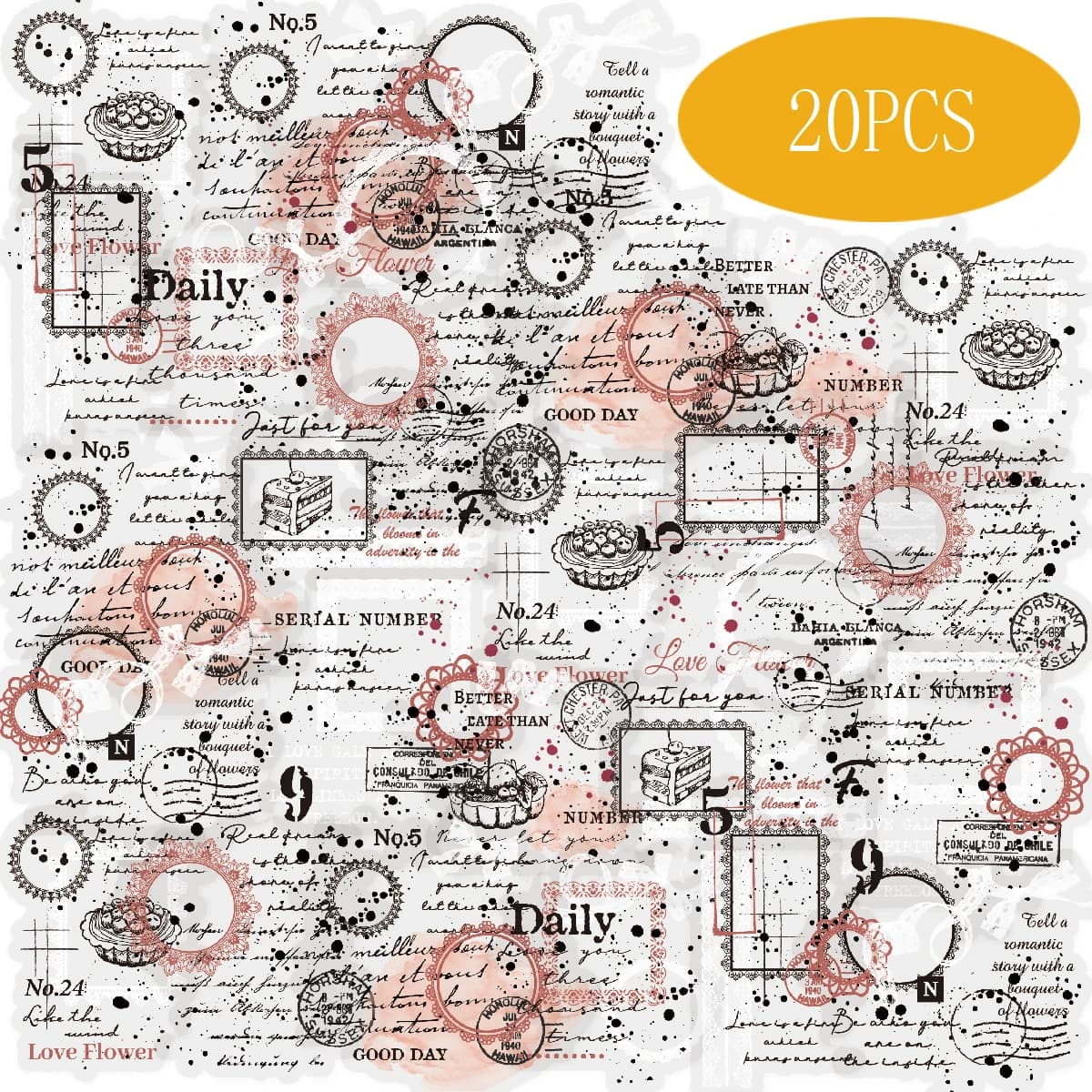 Etori Life Lace Trim 20Pcs Sweet Vintage Collage Stickers for a Relaxing Atmosphere, Suitable for Decorating Notebooks, Phone Stickers, Luggage, Photo Albums, Room Decor, Scrapbooking Supplies, DIY Crafts, Student Gift Bags, Artistic Parties, School Supplies, Children's Stationery Stickers