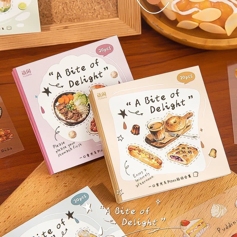 Mr. Paper 20pcs Bite of Light Sticker Book - Square PET Journal Supplies, Food Theme Collage Decor, Creative Stationery Material