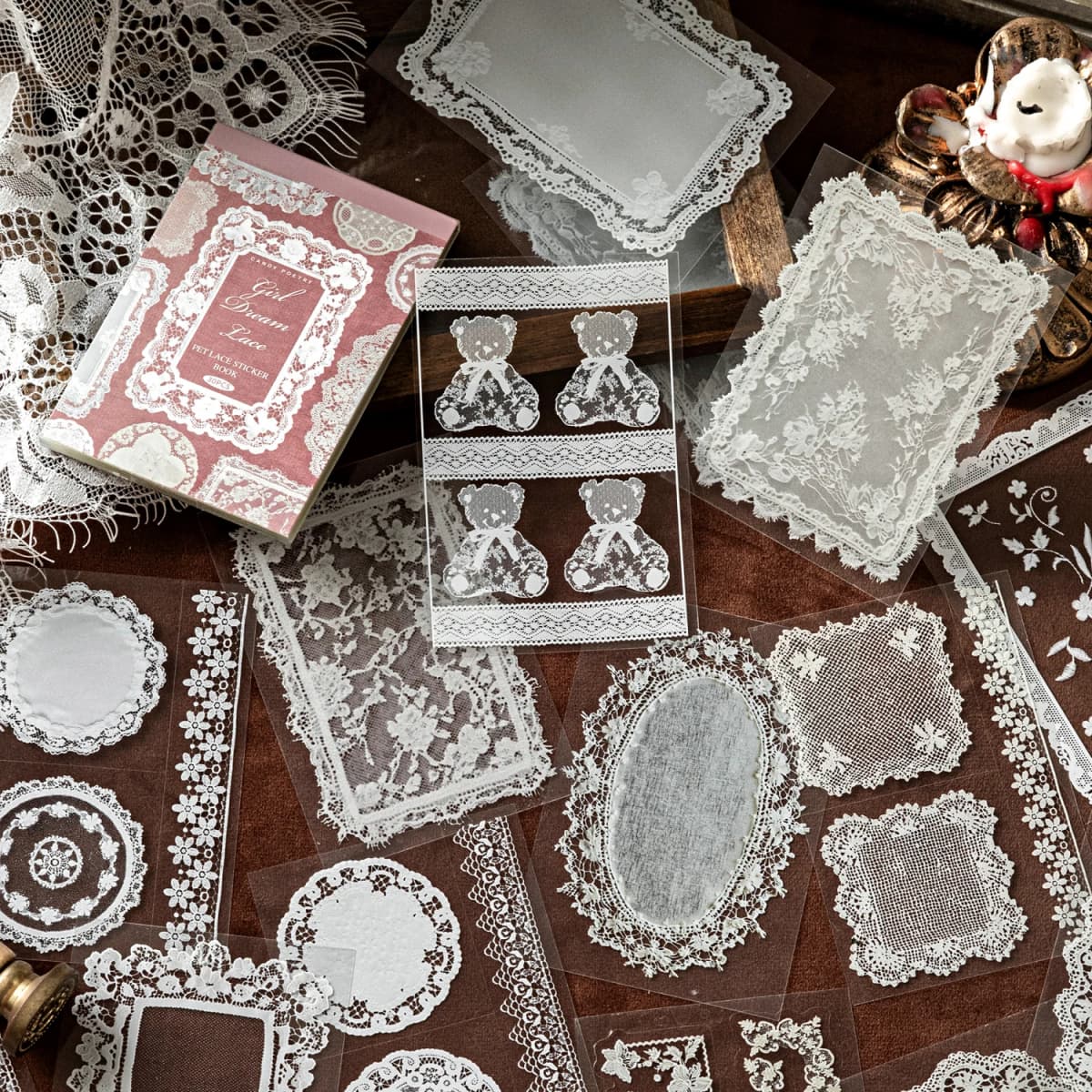 30Sheets/Bag Lace Theme PET Stickers for DIY Scrapbooking Collage Art Frame Laptop Phone Cup Luggage Guitar Skateboard Decal