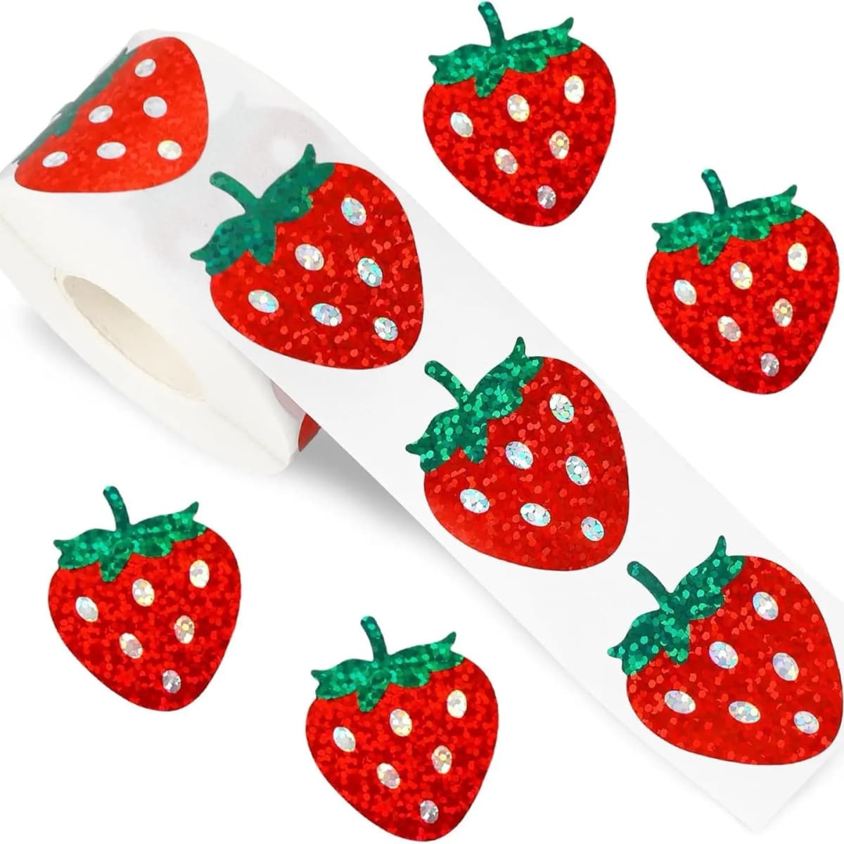 500Pcs /1 Rolls 2.5cm/1inch Red Laser Strawberry Shaped Sticker Decoration Gift Box Sticker Label Stationery Sticker