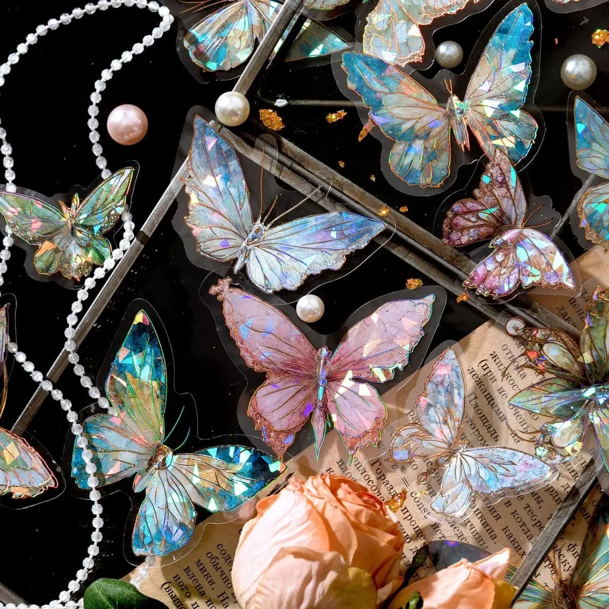 20pcs/pack Stickers Ice Crystal Laser Butterfly Laser Gold DIY Decorative Scrapbooking Material Collage Sticker Journal