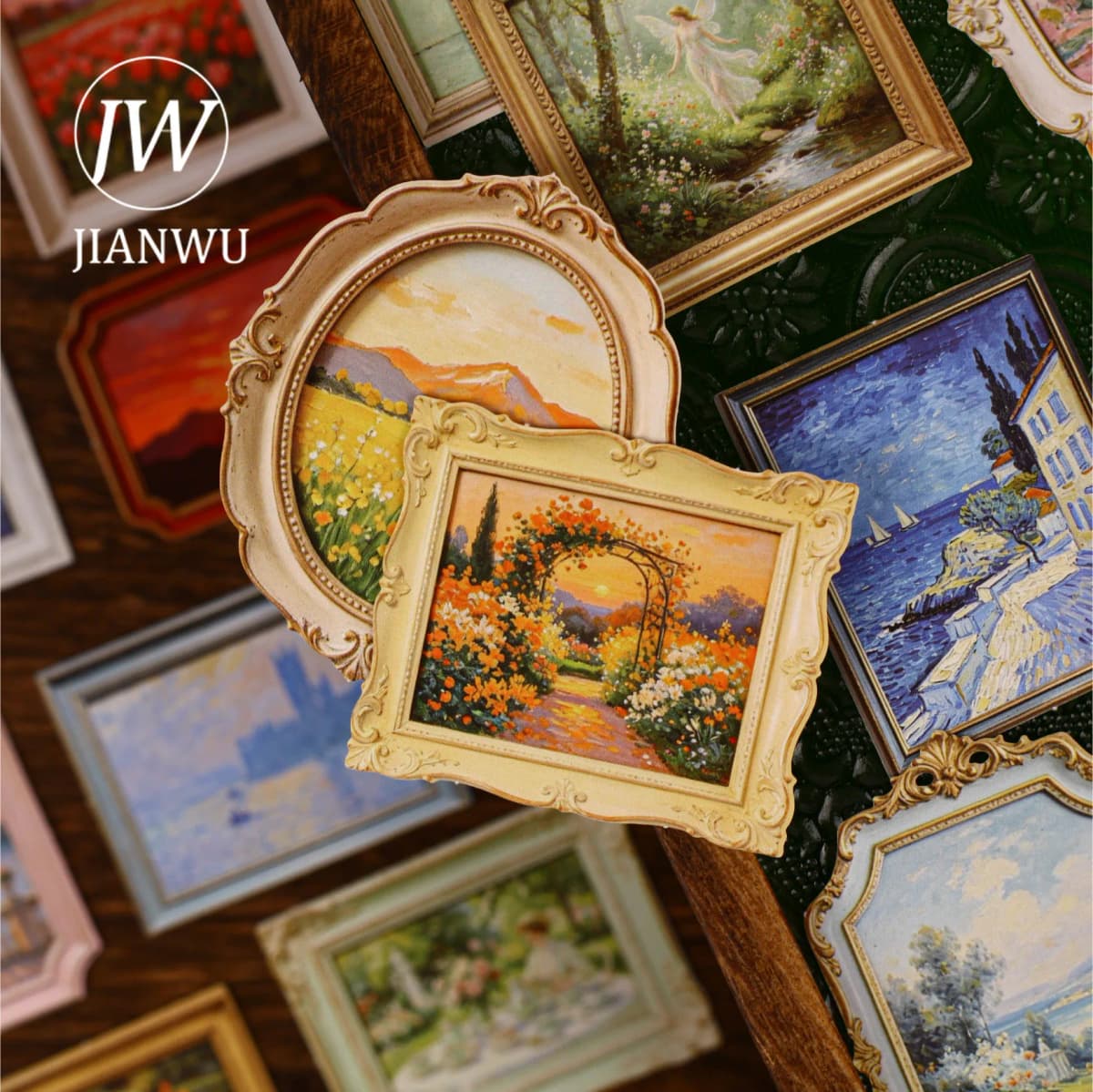 JIANWU Vintage Relief Flower Sea Painting Frame Landscape Material Collage Scrapbooking Sticker Creative DIY Journal Stationery