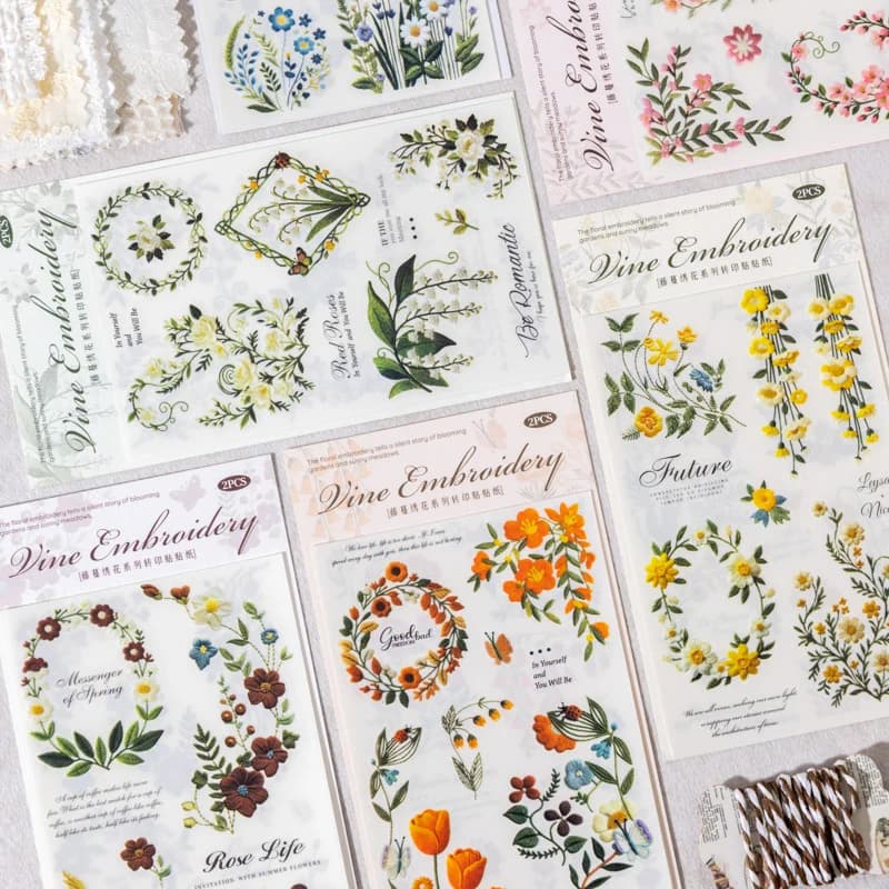 Journal GO 2pcs Floral Vine Embroidery Transfer Stickers Asthetics Journaling Flower Materials Scrapbook Card Craft Handmade