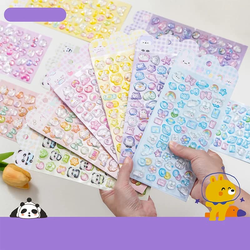 Cute Cartoon Animal 3D Solid Clear Crystal Embossed Stickers for DIY Scrapbook Phone Case Decoration Birthday Gift Reward