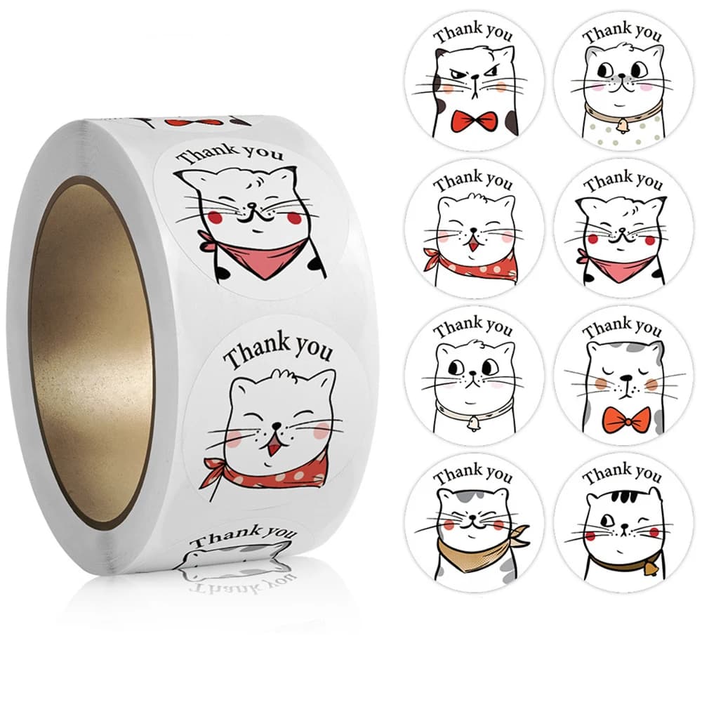 500pcs/roll Thank You Cat Stickers Cute Cartoon Animal Stickers Kids Gift Party Birthday Packaging Sealing Baking Business Label