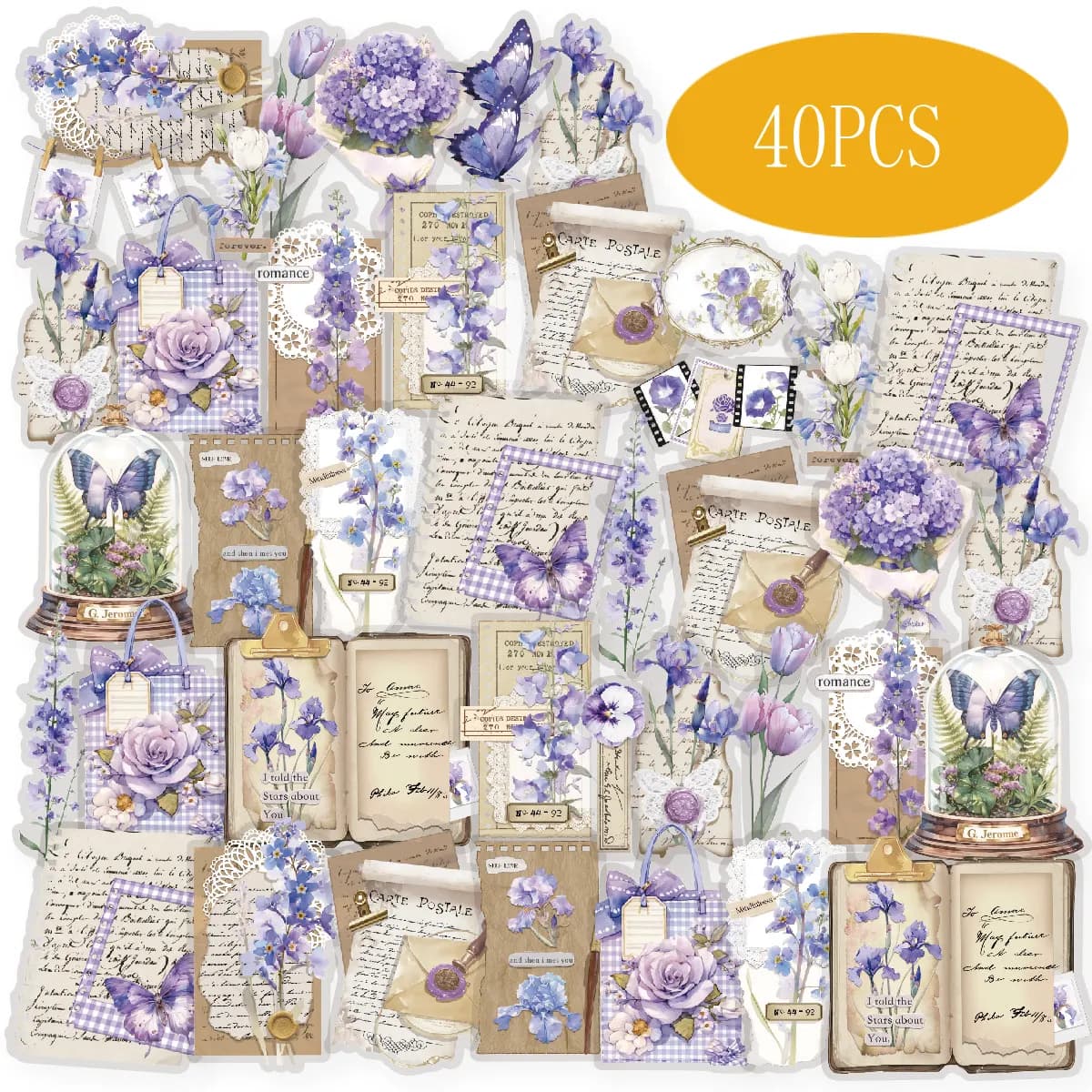 Etori Life Purple Blue Roland Letters with Floral Patterns Vintage Journal Stickers DIY Scrapbook Supplies, Room Decoration, Gift Box Packaging, Baking Sealing, Student Stationery, Children's Stickers, Die-Cut Craft