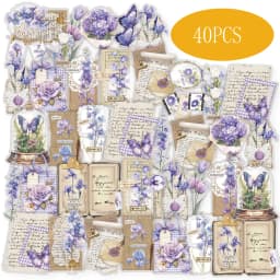 Etori Life Purple Blue Roland Letters with Floral Patterns Vintage Journal Stickers DIY Scrapbook Supplies, Room Decoration, Gift Box Packaging, Baking Sealing, Student Stationery, Children's Stickers, Die-Cut Craft