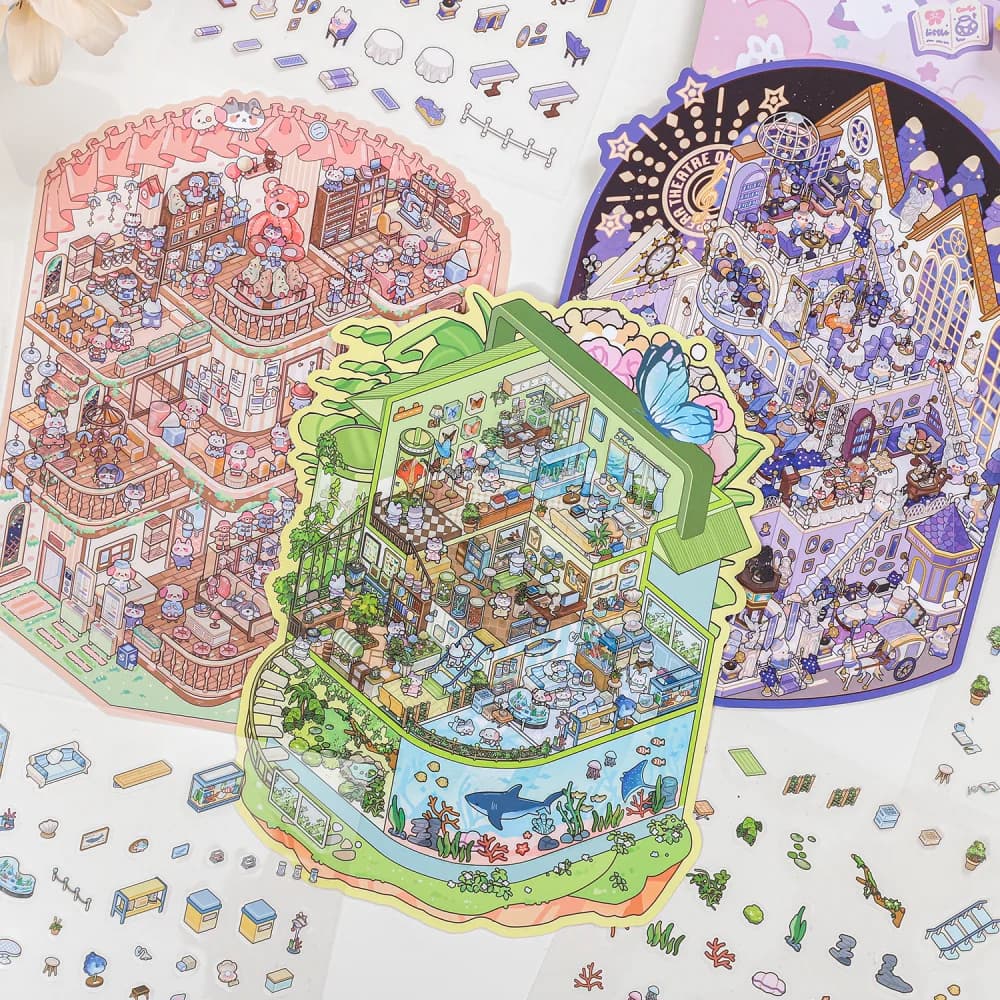Plus Size 3D Cartoon Castle Town Landscape Sticker Scene DIY Toy Game Scrapbook Sticker Festival Birthday Gift for Kid Child