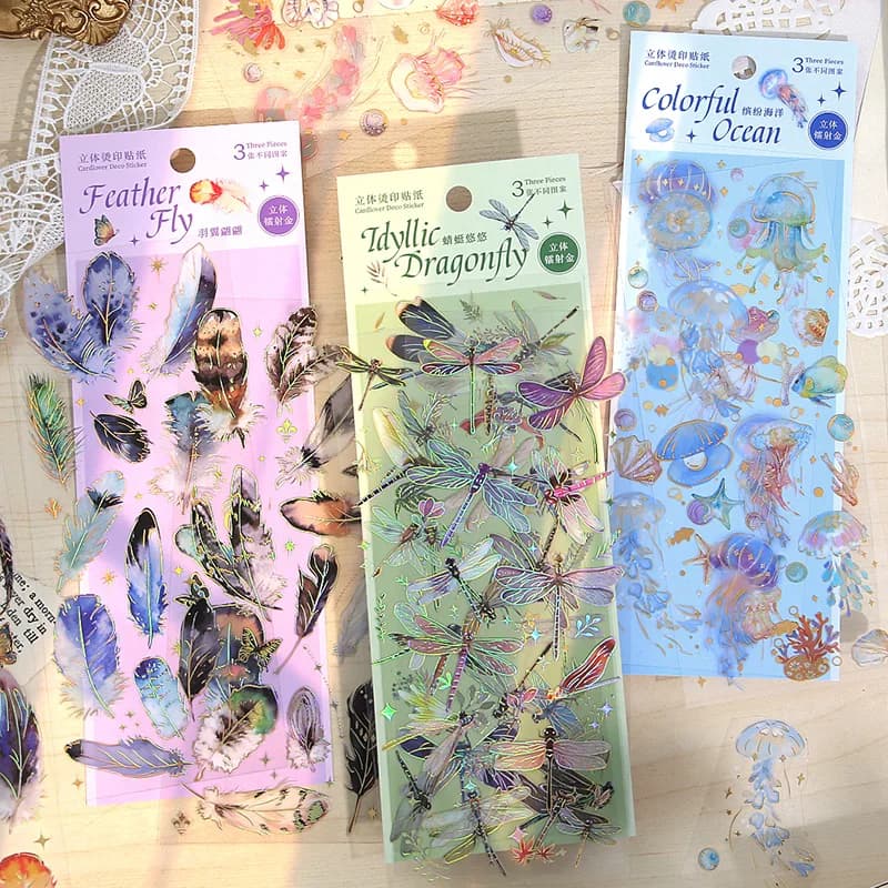 3sheets dragonfly feathers birds marine creatures hot stamping PET stickers DIY handmade materials scrapbooks decorative