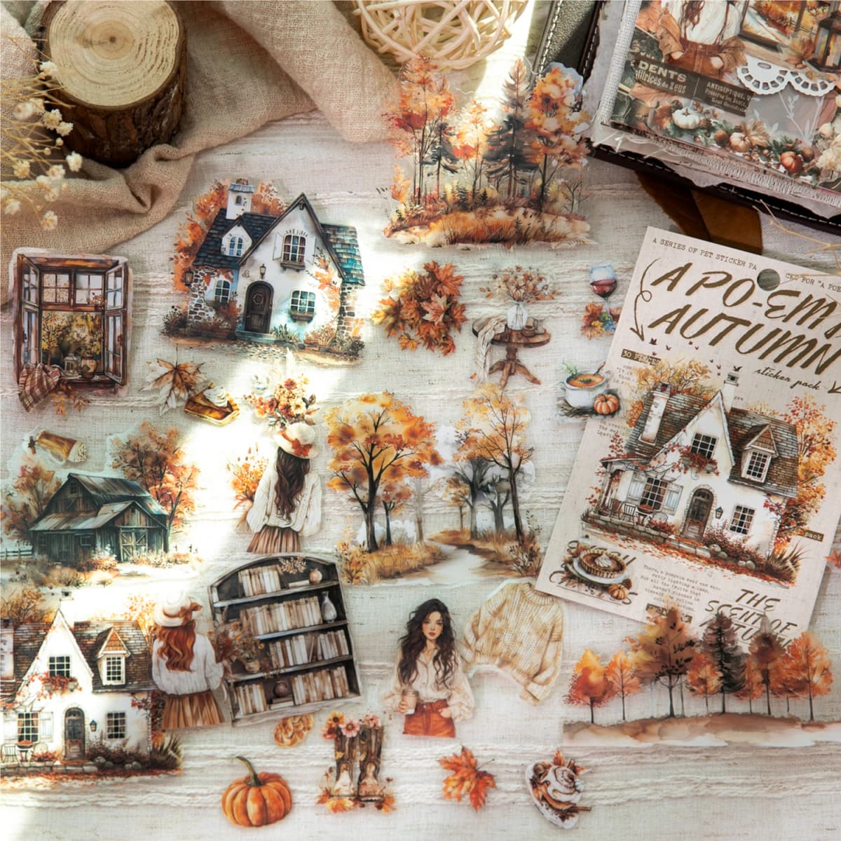 30 Sheets Autumn Fall Leaves Theme PET Stickers for DIY Craft Scrapbooking Collage Guitar Phone Case Decoration