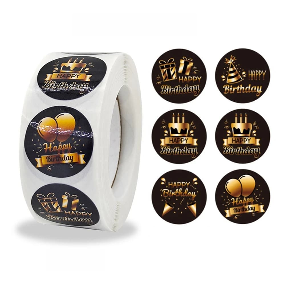 100-500pcs Black Golden Happy Birthday Stickers Birthday Round Sticker for Birthday Gift Bag Card Envelopes Stationery