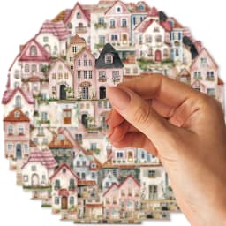 15pcs of Pink Ins Small House Building Retro PET Stickers for Laptop Luggage Phone Cases Birthday Gift Rooms Decoration