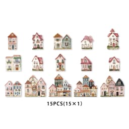 15pcs of Pink Ins Small House Building Retro PET Stickers for Laptop Luggage Phone Cases Birthday Gift Rooms Decoration