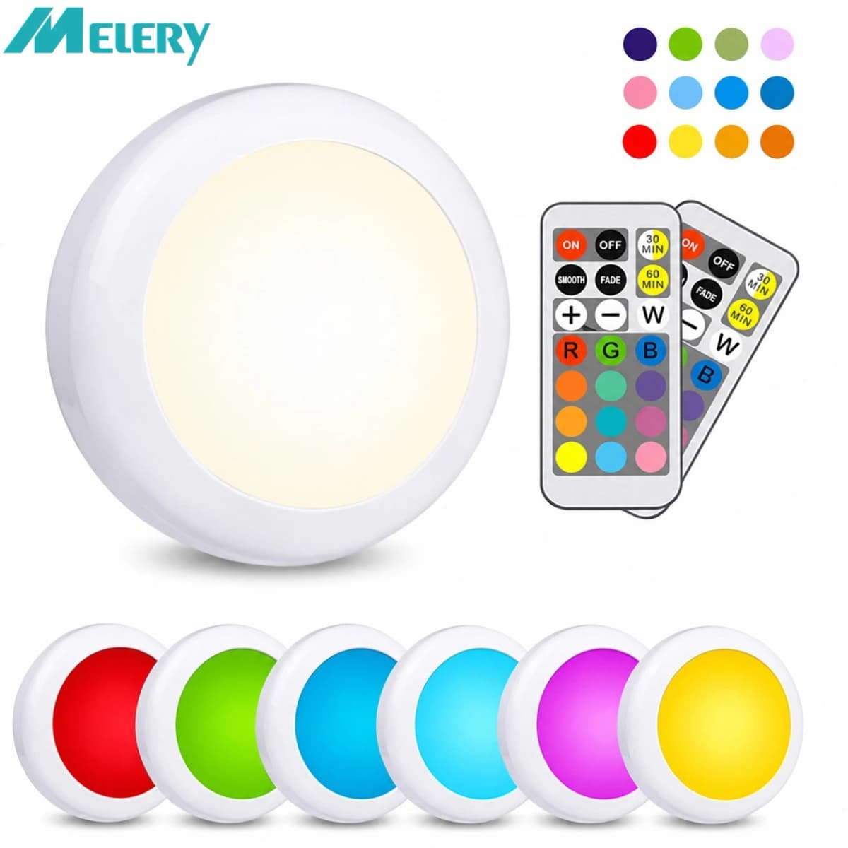 Melery LED Night Light Adhesive Sticker Battery Dimmable Multicolor Cabinet for Bedroom Kitchen Bathroom Drawer Wall Puck Lamp