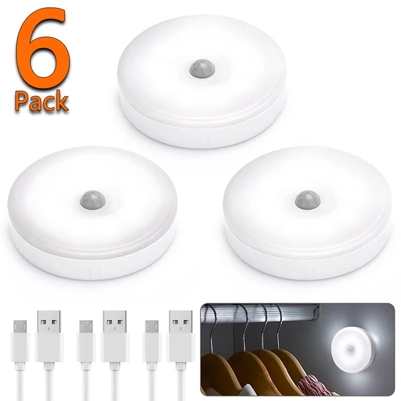 Motion Sensor Puck Lights LED Wireless USB Rechargeable Operated Under Cabinet Lighting on Shelf Display Closet Counter Light